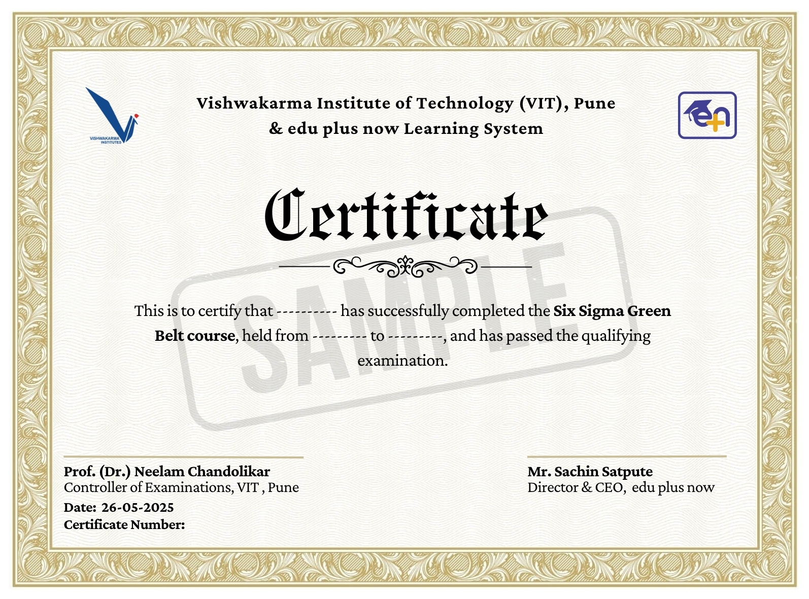 edu plus now VIT Pune Certified Six Sigma Green Belt Banner